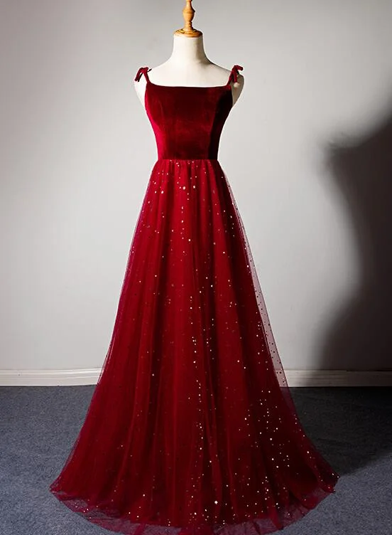 Charming Dark Red Tulle with Velvet Long Straps Party Dress, Bridesmaid Dress Tunics Evening elegant
