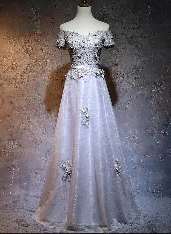 Charming Grey Lace A-line Long Bridesmaid Dress, Grey Party Dress Tunics Print Colorful