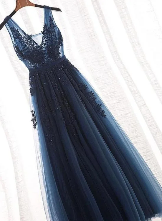 Charming Navy Blue Beaded Lace Long Party Dress, A-line Prom Dress Tunics Luxurious premium