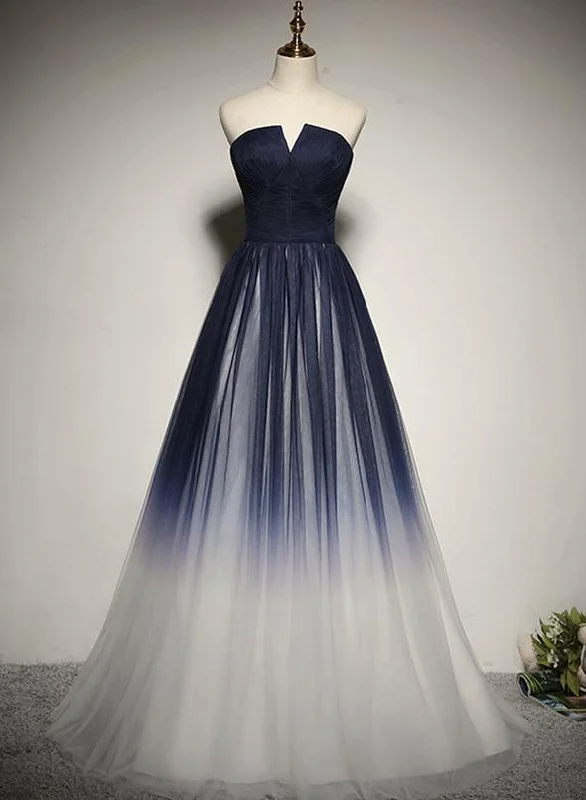 Charming Navy Blue Gradient Bridesmaid Dress, Tulle A-line Party Dress Tunics Velvet soft