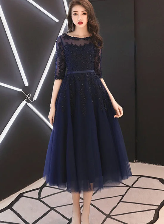 Charming Navy Blue Round Neckline Party Dress with Sleeves, Prom Dress Tunics Sale discount