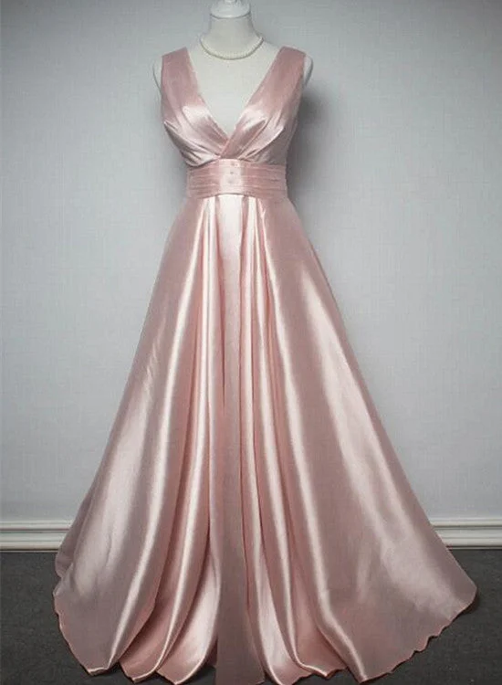 Charming Pink Satin V-neckline Long Party Dress, New Prom Dress Tunics Timeless classic
