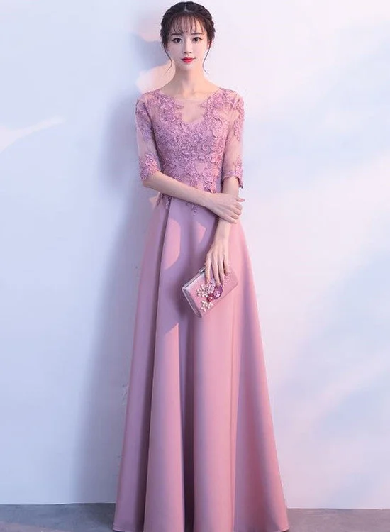 Charming Round Pink Lace Applique Long Wedding Party Dress, Pink Party Dress Tunics Satin smooth