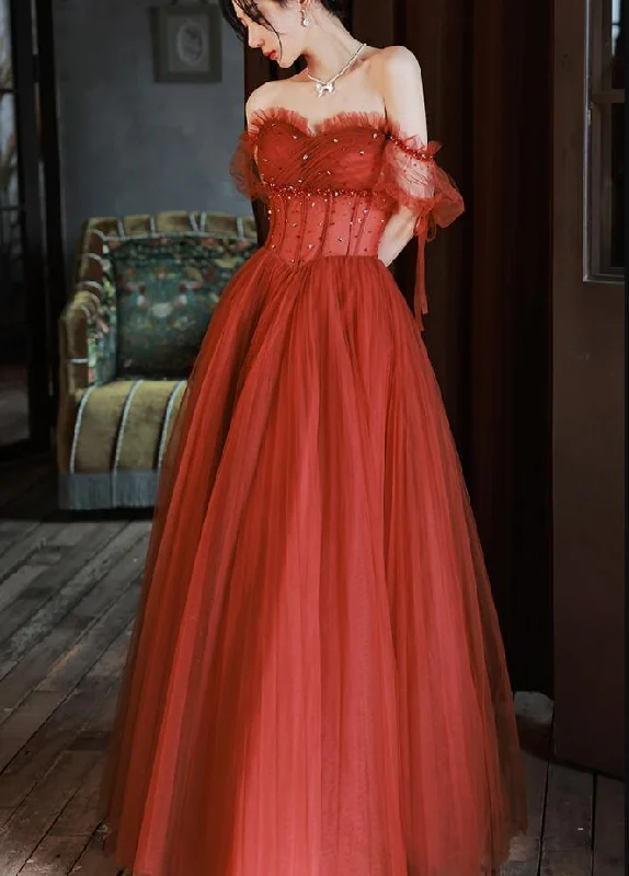 Charming Sweetheart Beaded Off Shoulder long Party Dresses, Tulle Evening Gown Tunics Trousers formal