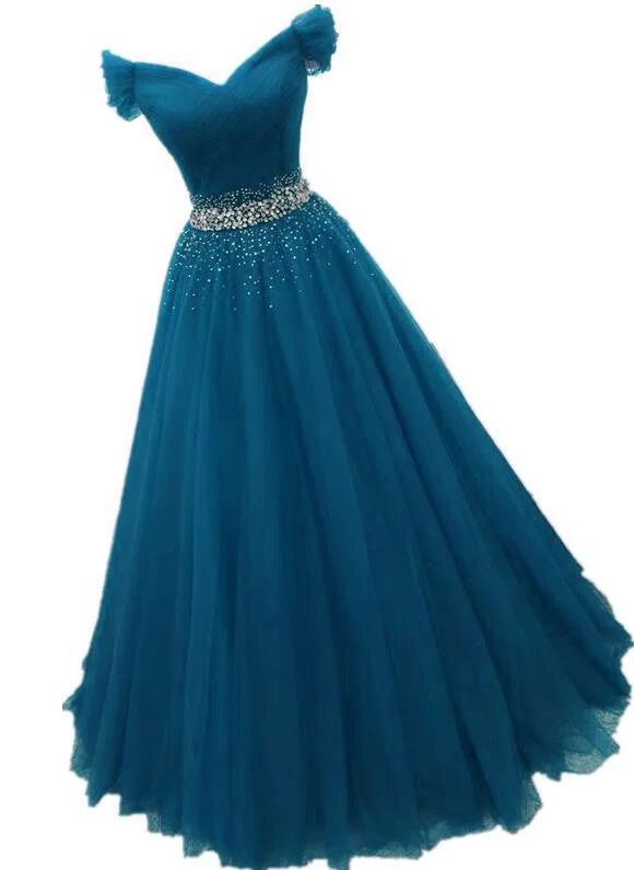 Charming Tulle Off Shoulder Sequins Long Party Dress, A-line Ball Gown Prom Dress Tunics Denim casual