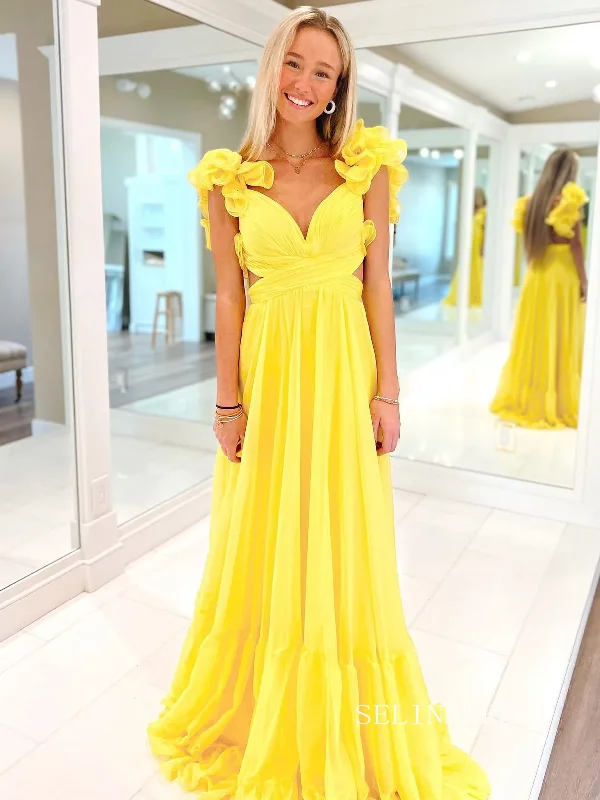 Chic A-line Straps Yellow Long Prom Dress Chiffon Elegant Party Dress #LOP801 Tunics Cozy comfortable