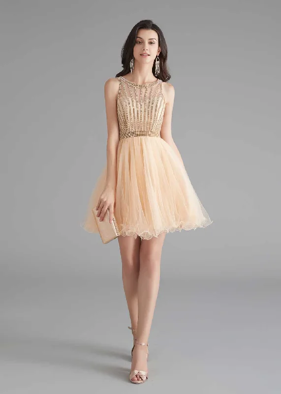 Chic Short Champagne Tulle Evening Dress A-Line Day Work