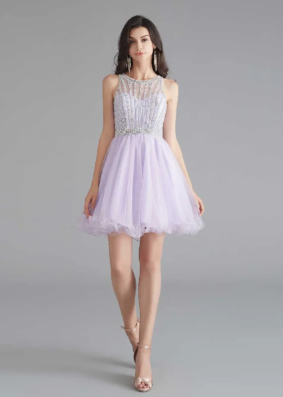 Chic Short Lilac Tulle Evening Dress Crew Neckline Sporty