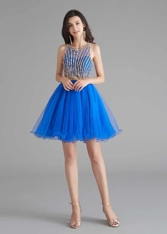 Chic Short Royal Blue Tulle Evening Dress Glittery Long Formal