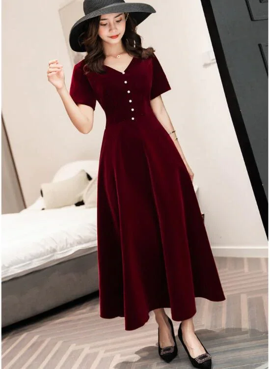 Custom Chiffon Wine Red Short Sleeves Party Dress for Holly Tunics Office stylish