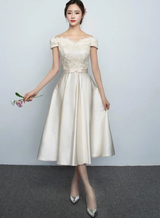 Cute A-line Champagne Tea Length Bridesmmaid Dress, Lace Party Dress Crew Neckline Sporty