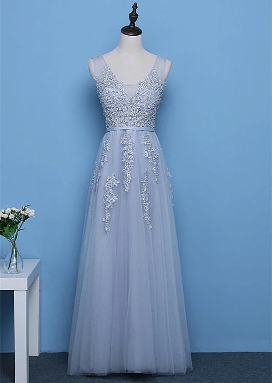 Cute A-line Grey Tulle Long Prom Dress, Lace Applique Party Dress Turtleneck Warm Winter