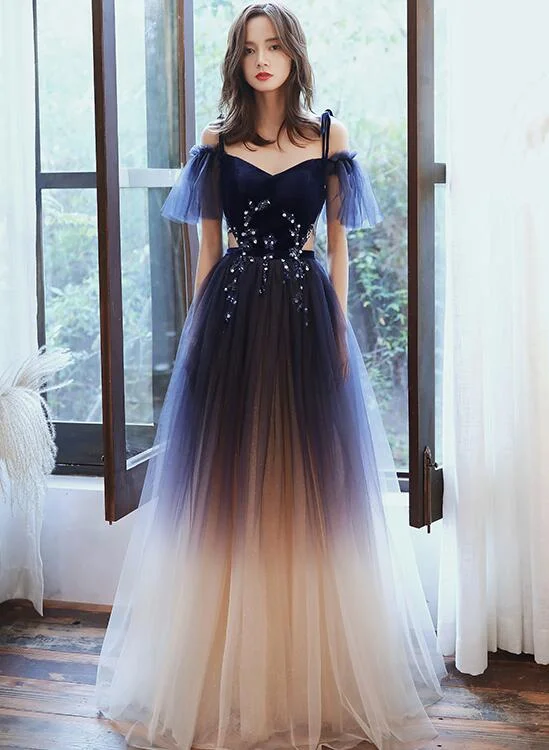 Cute A-line Off Shoulder Gradient Tulle Long Party Dress, New Prom Dress Tunics Practical easy-care