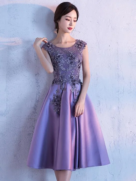 Cute Dark Purple Knee Length Satin Bridesmaid Dress, Lace Floral Party Dress Tunics Custom made