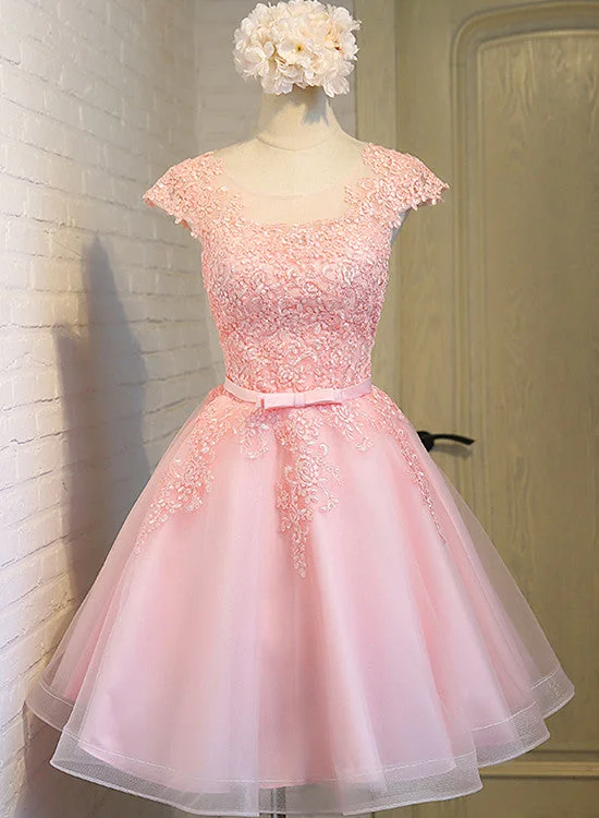 Cute Pink Round Neckline Tulle Party Dress, Pink Cap Sleeves Formal Dress Tunics Custom made