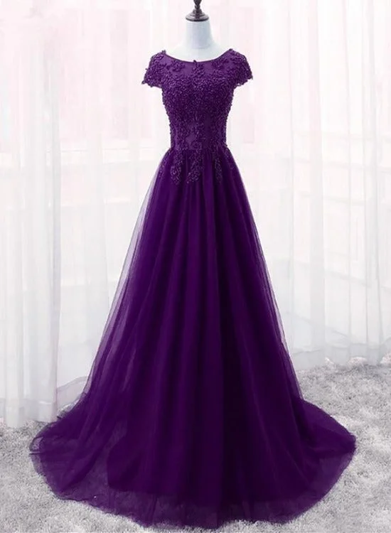 Cute Purple Tulle with Lace Applique Long Party Dress, New Prom Gown Tunics Sale discount