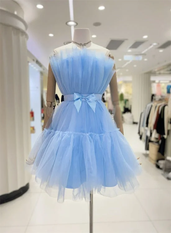 Cute Short Blue Tulle Party Dress with Bow, Lovely Formal Dresses Homecoming Dress Tunics Party sparkling