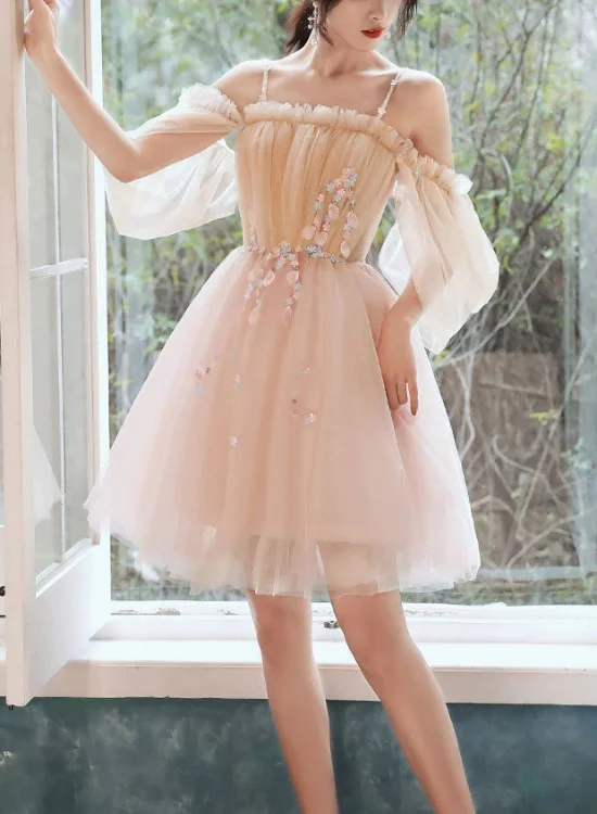 Cute Short Off Shoulder Tulle with Flowers Party Dress, Short Homecoming Dresses Tunics Cozy comfortable