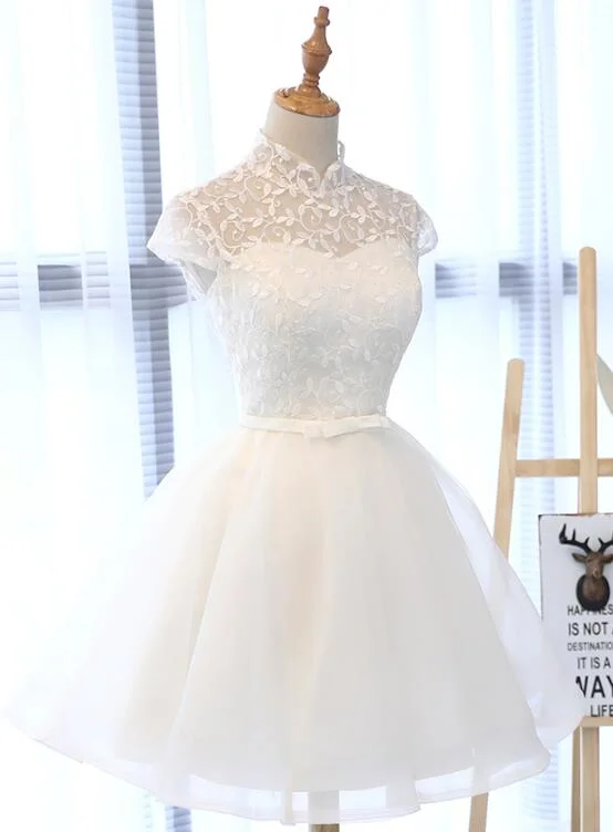 Cute White Tulle Short Lace Cap Sleeves Party Dress, White Homecoming Dress Bodycon Fitted Nightout