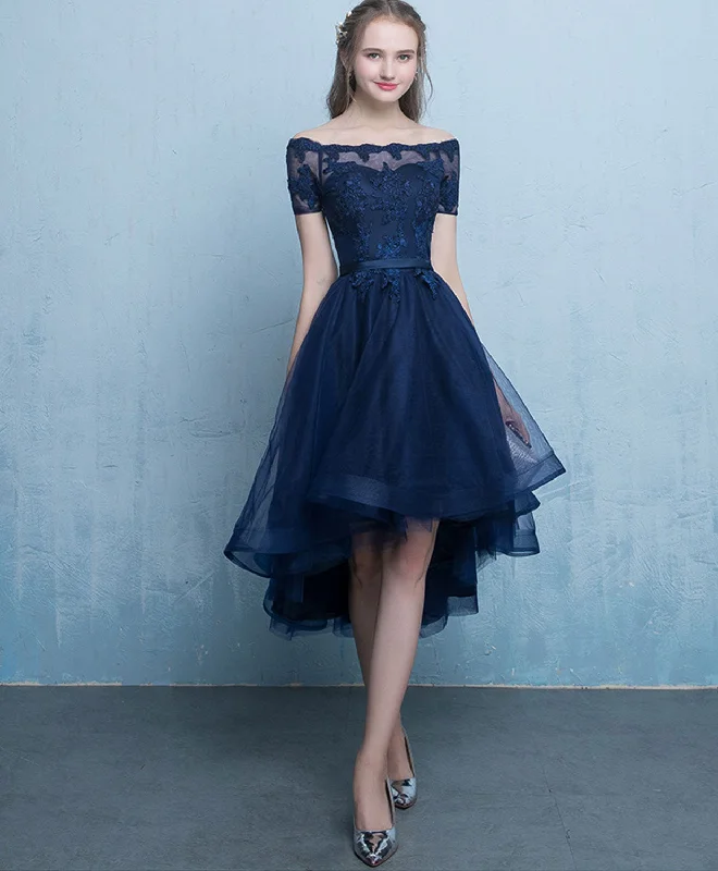 Dark Blue Lace Tulle Short Prom Dress, High Low Evening Dress Tunics Satin smooth