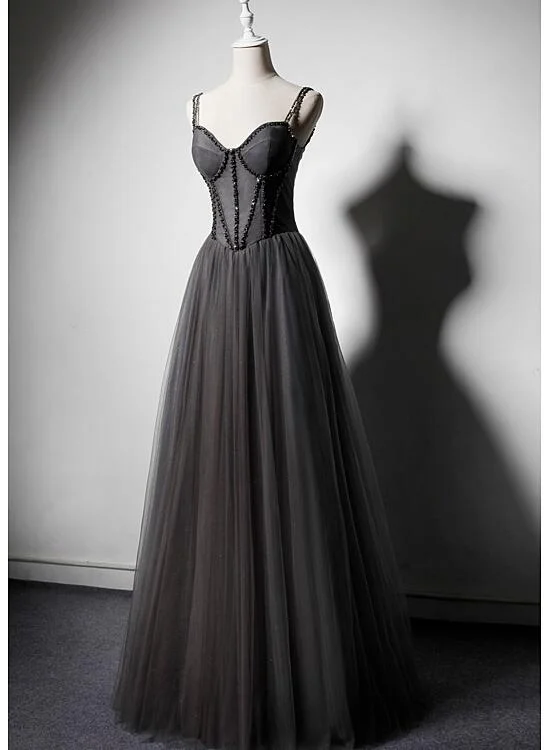 Dark Grey Tulle Straps Long Beaded Party Dress, Grey Long Formal Dresses Tunics Bestseller popular