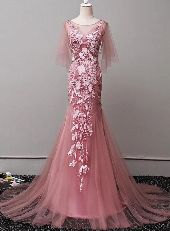 Dark Pink Tulle Mermaid Long Formal Dress with Floral Lace, Long Evening Dress Tunics Versatile stylish