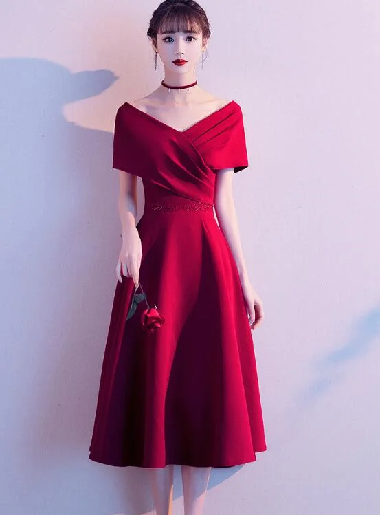 Dark Red Off Shoulder Tea Length Party Dress, Bridesmaid Dress Tunics Stylish elegant