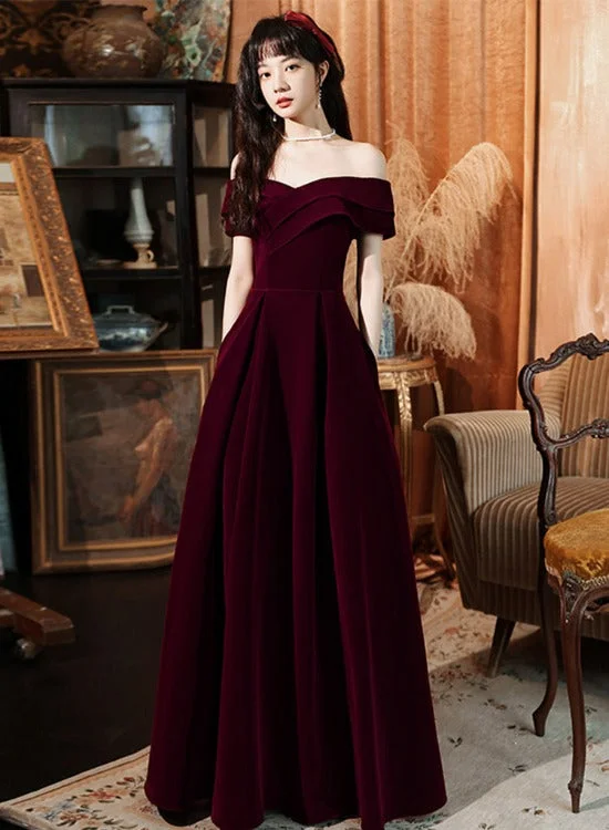 Dark Red Velvet Long Party Dress Prom Dress 2022, A-line Formal Dresses Evening Dresses Tunics Sale discount