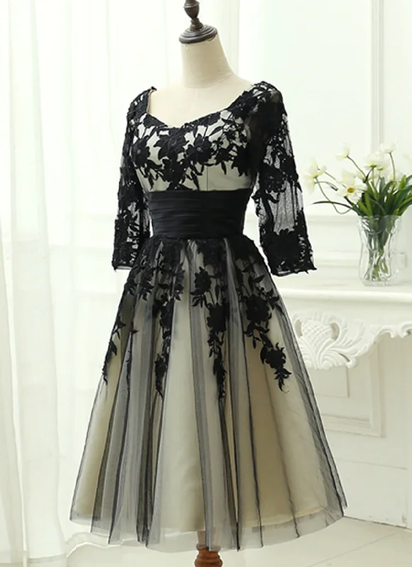 Elegant Black Tea Length Bridesmaid Dress, Wedding Party Dress Tunics Versatile stylish