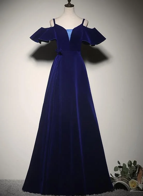 Elegant Blue Velvet Straps Long Party Dress, Long Evening Party Dress Tunics Recommended stylist