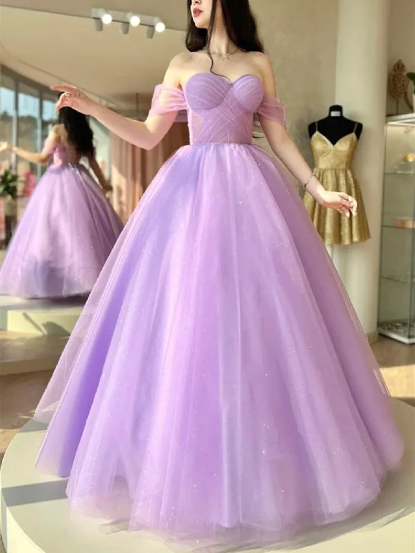 Elegant Off Shoulder Purple Tulle Long Prom Dresses, Off the Shoulder Lilac Formal Dresses,Sweetheart Neck Lavender Evening Dresses Pencil Length Work