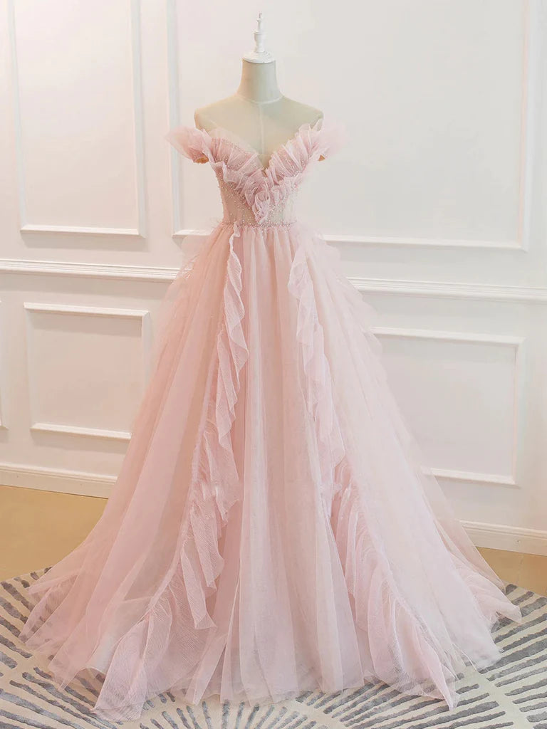 Elegant Off the Shoulder Pink Tulle Long Prom Dresses, Off Shoulder Pink Formal Dresses, Pink Evening Dresses Pleated Skirt Elegant