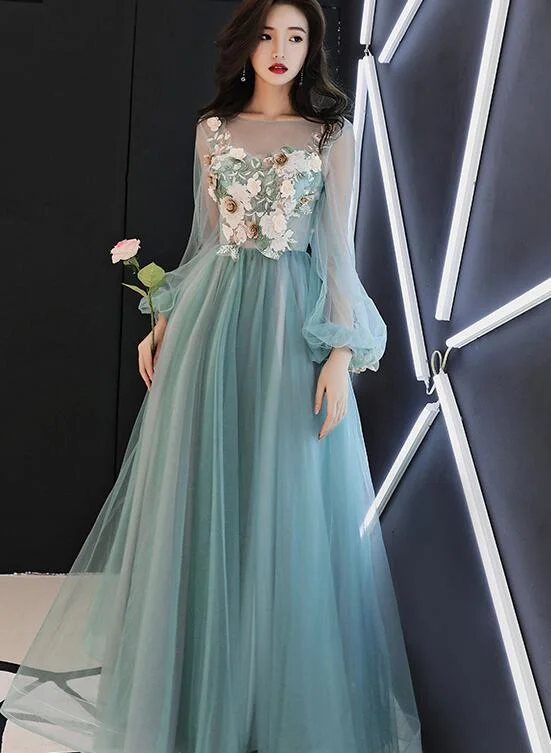 Light Green Tulle Long Party Dress with Flowers, Long Formal Dresses Tunics Fleece cozy
