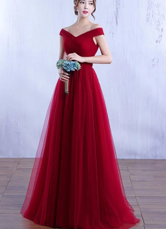 Elegant Wine Red Off Shoulder Tulle Long Party Dress, A-line Prom Dress empire Waist empire