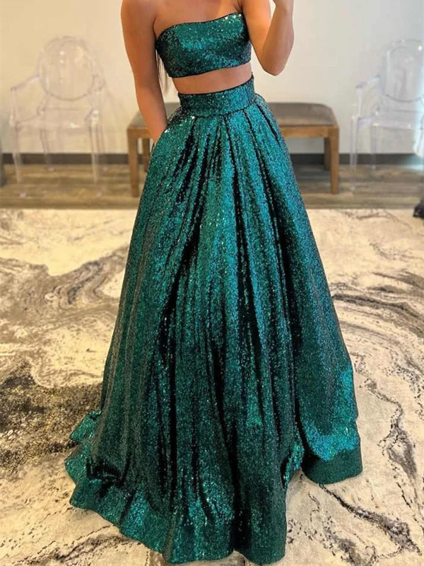 Emerald Green/Gold Sequins Two Piece Prom Dress with Pockets, Two Pieces Formal Evening Dresses Tunics Essential wardrobe