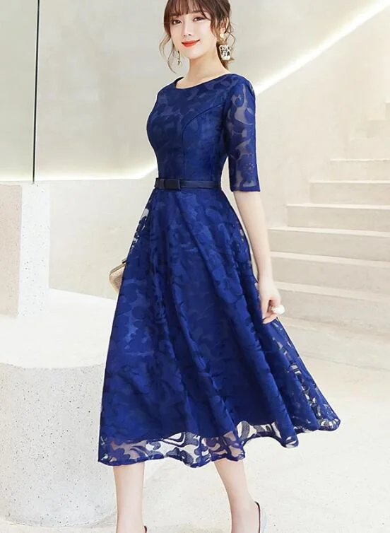 Fashionable Lace Blue Short Sleeves Bridesmaid Dress, Wedding Party Dress Tunics Corduroy durable