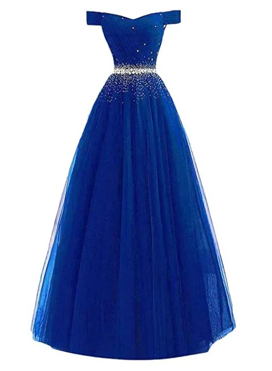 Fashionable Royal Blue Tulle Beaded Off Shoulder Prom Dress, Long Party Dress Tunics Bridal satin