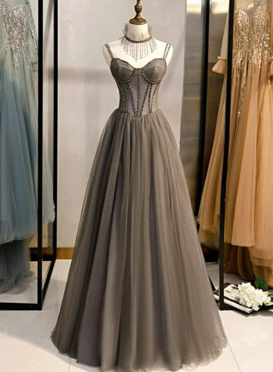 Glam Grey Beaded Tulle Long Evening Dress Party Dress, A-line Straps Evening Formal Dresses Halter Neckline Beach