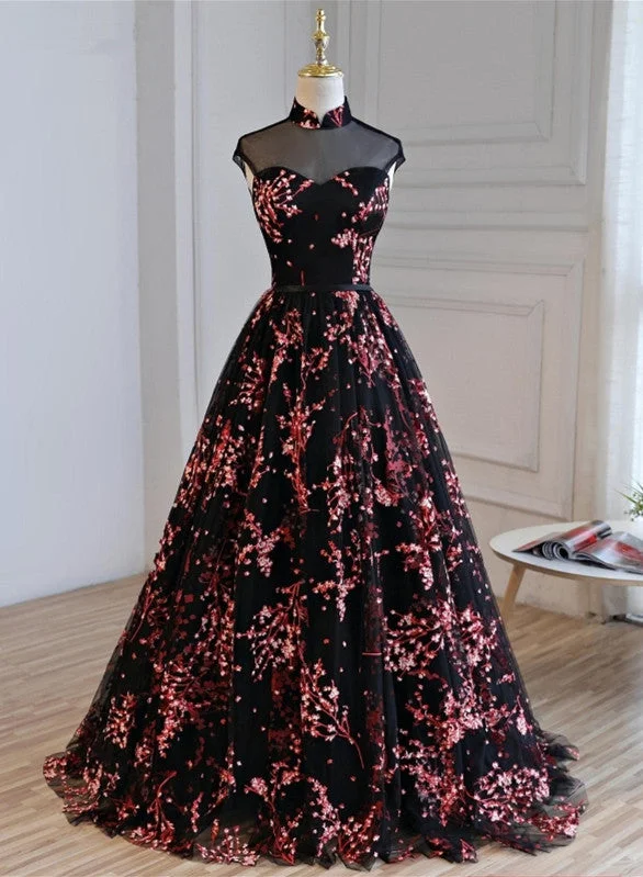 Gorgeous Black Tulle Long Formal Gown, Floral Evening Party Dress Tunics Exclusive limited