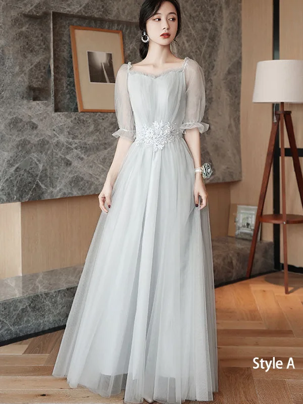 Gray A-Line Tulle Bridesmaids Maxi Wedding Party Dress Boat Neckline Classic