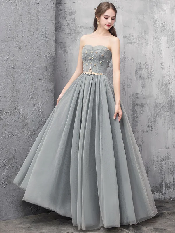 Gray A-line Tulle Long Prom Dress Gray A-line Formal Evening Dress Glittery Long Formal