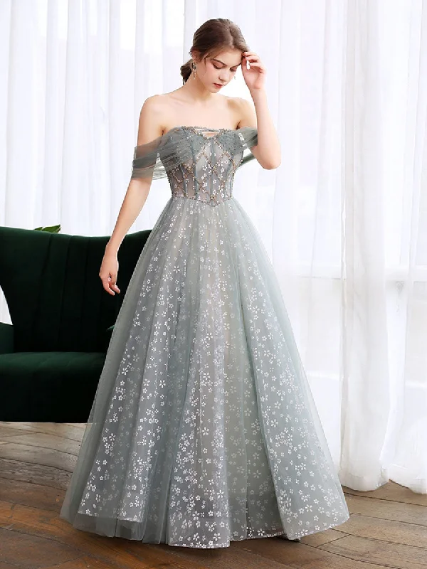 Gray Blue Tulle Lace Long Prom Dress, Gray Blue Evening Dress Tunics Bridal satin