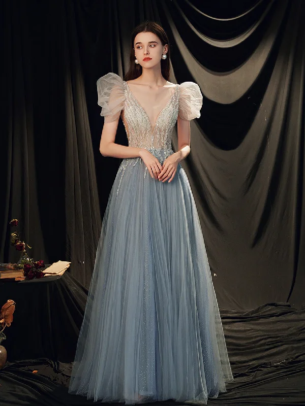 Gray Blue V Neck Tulle Sequin Long Prom Dress, Gray Blue Evening Dress Tunics Versatile stylish