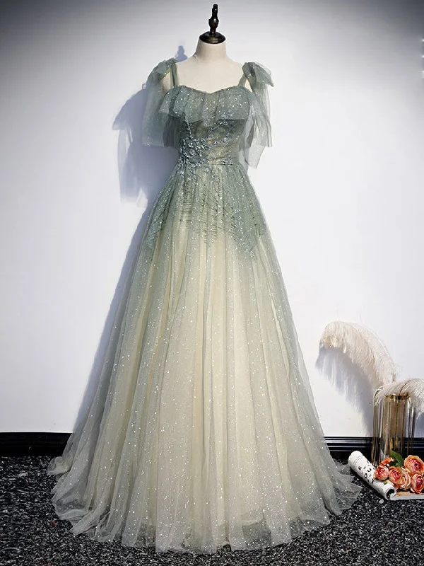 Gray Green Tulle Sequin Beads Long Prom Dress, Green Evening Dress Tunics Leisure comfortable