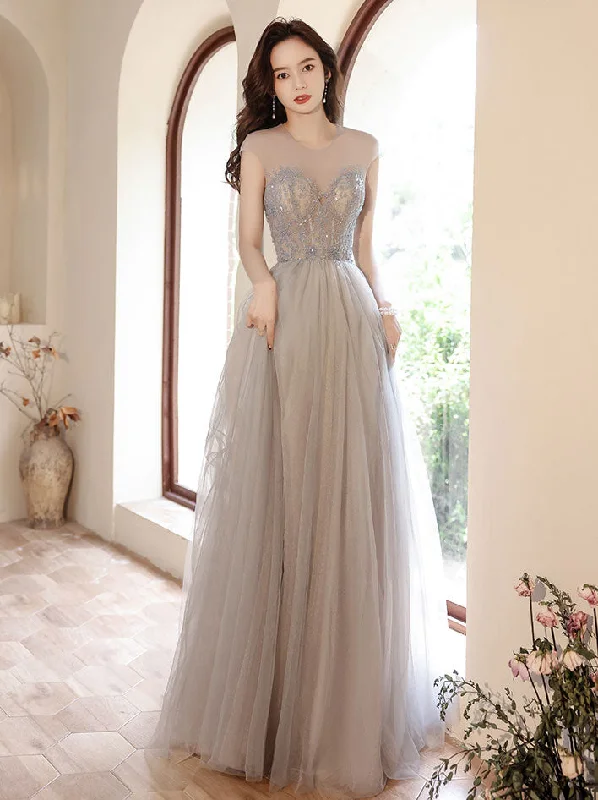 Gray Round Neck Tulle Beads Long Prom Dress, Gray Evening Dress Tunics Sophisticated sleek