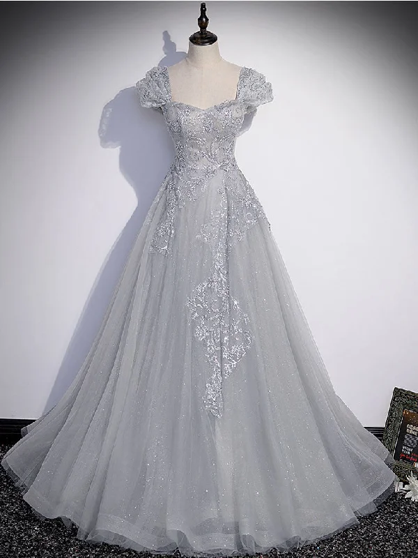 Gray Sweetheart Neck Tulle Lace Long Prom Dress, Gray Evening Dress Tunics Plaid country