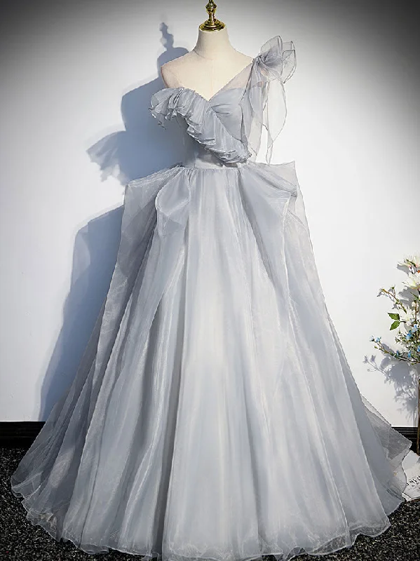 Gray Sweetheart Tulle Long Prom Dress, Gray Evening Dress Tunics Brand named