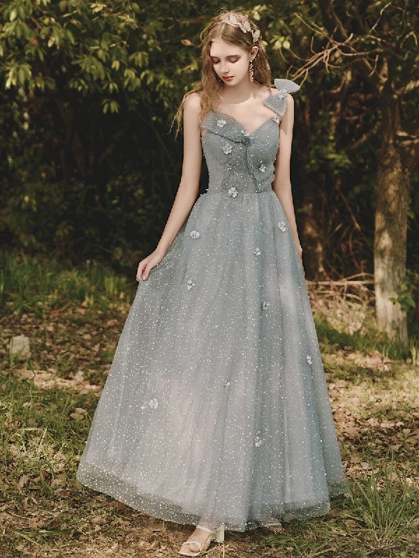 Gray Tulle Sequin Tea Length Prom Dress, Gray Evening Dress Tunics Chinos classic