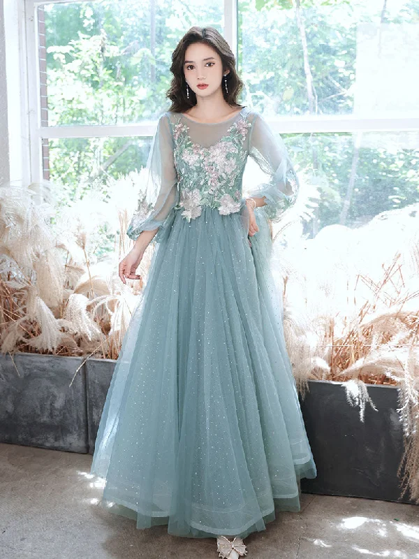 Green Round Neck Tulle Lace Long Prom Dress, Green Evening Dress Tunics Office stylish