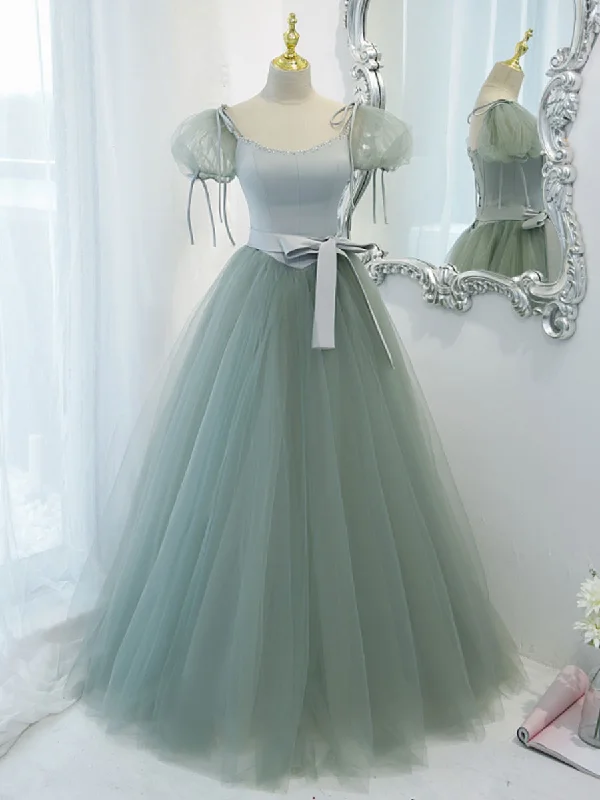 Green Round Neck Tulle Long Prom Dress, Green Evening Dress Tunics Stylish elegant